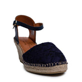 Italian Women Dark Blue Leather * Cloth Wedges #0662