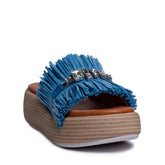 Italian Women Light Blue LEATHER * WICKER Wedges #0671