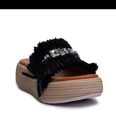 Italian Women Black LEATHER * WICKER Wedges #0673