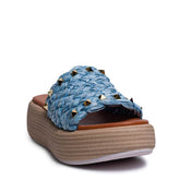 Italian Women Light Blue LEATHER * WICKER Wedges #0678