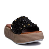 Italian Women Black LEATHER * WICKER Wedges #0680