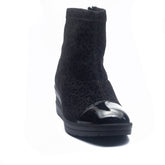 Italian Women Black Leather * Cloth Half Boot #1152