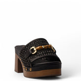 Spanish Women Black Leather Wedges #4280