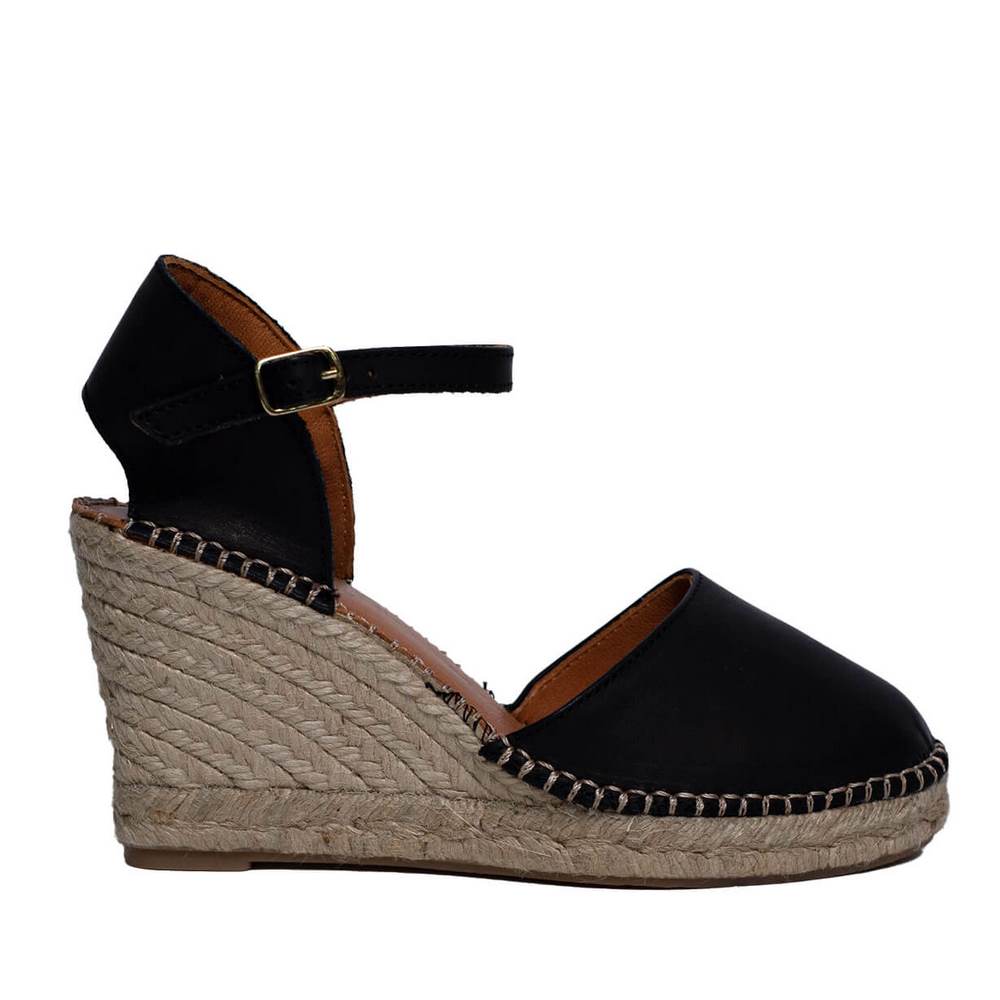 Italian Women Black Leather Wedges #0629
