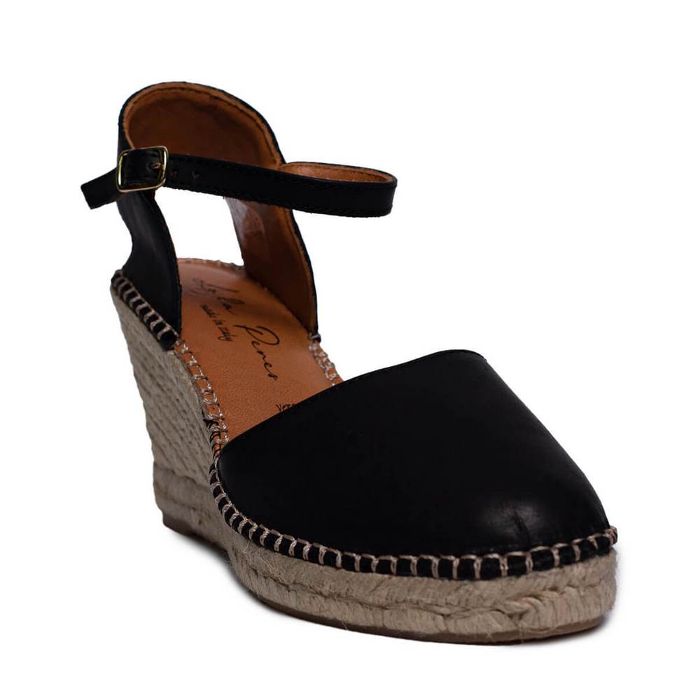 Italian Women Black Leather Wedges #0629