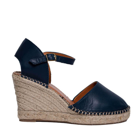 Italian Women Dark Blue Leather Wedges #0630