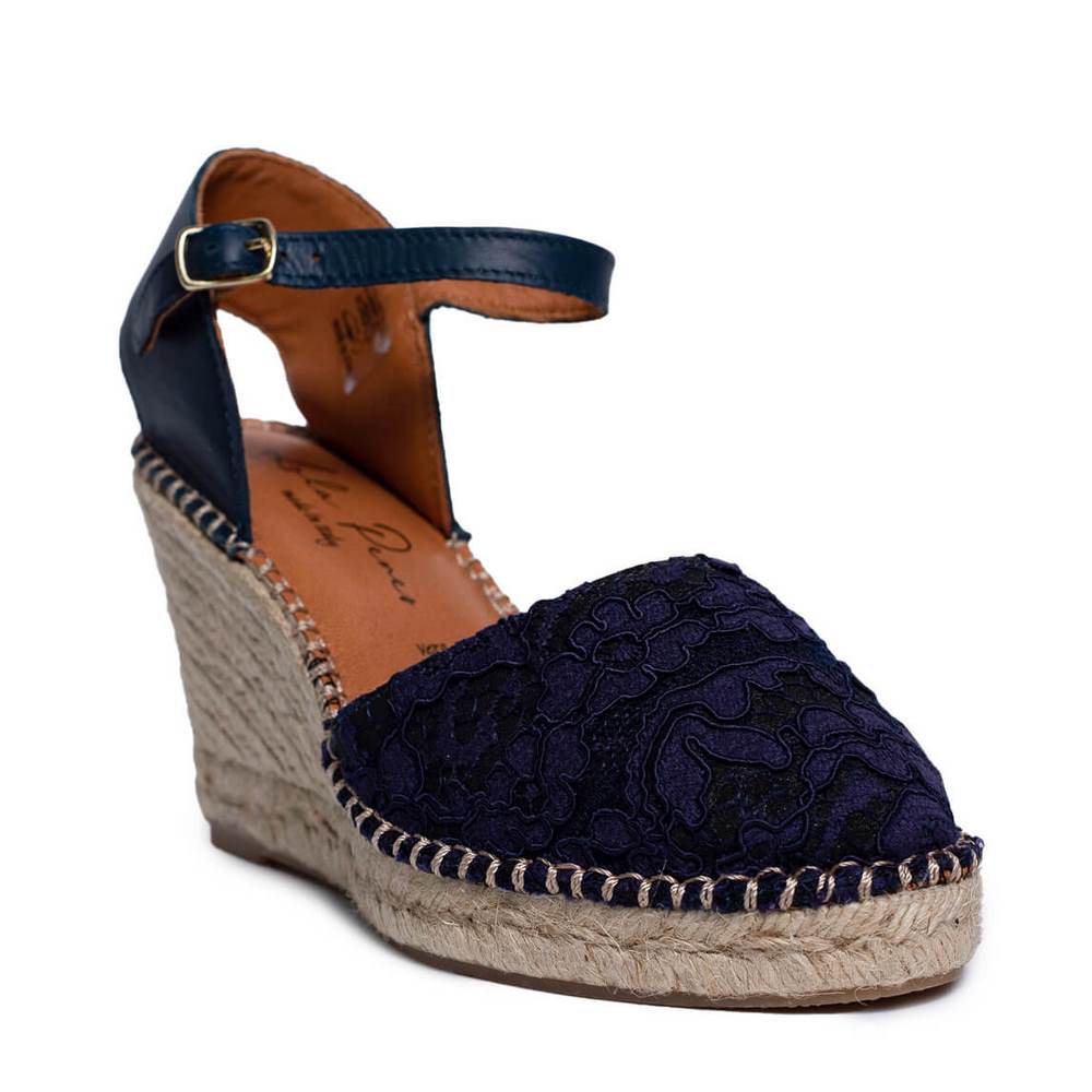 Italian Women Dark Blue  Leather * Cloth Wedges #0643