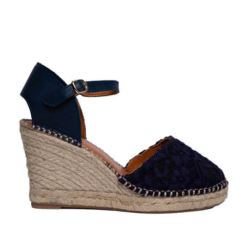 Italian Women Dark Blue  Leather * Cloth Wedges #0643