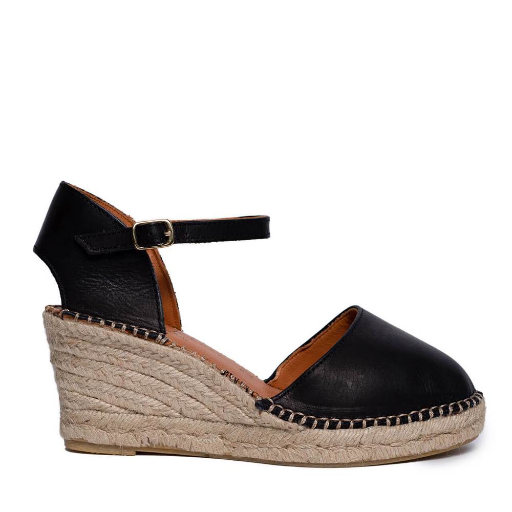 Italian Women Black Leather Wedges #0646