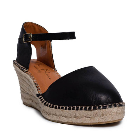 Italian Women Black Leather Wedges #0646