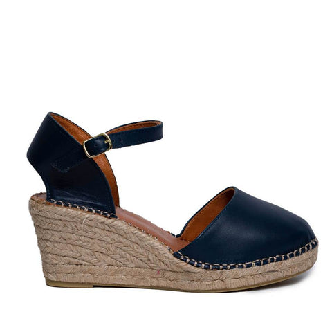 Italian Women Dark Blue Leather Wedges #0647