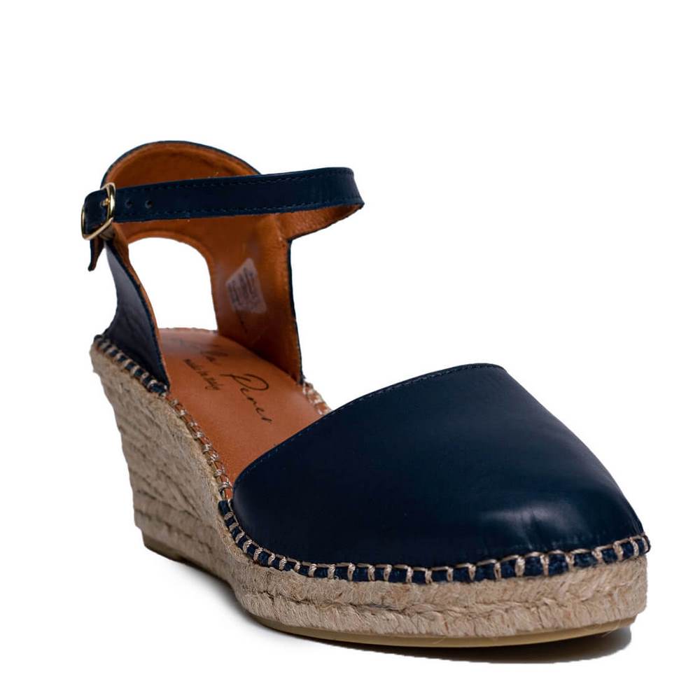 Italian Women Dark Blue Leather Wedges #0647