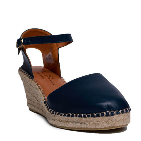 Italian Women Dark Blue Leather Wedges #0647