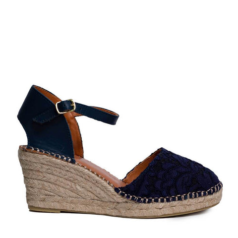 Italian Women Dark Blue  Leather * Cloth Wedges #0662
