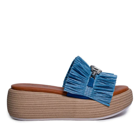 Italian Women Light Blue LEATHER * WICKER Wedges #0671