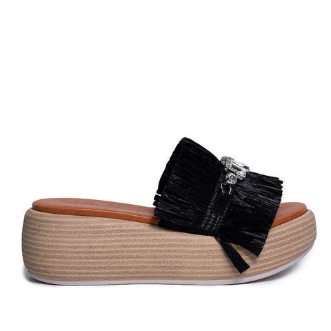 Italian Women Black LEATHER * WICKER Wedges #0673