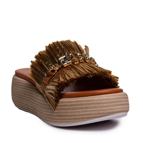 Italian Women Gold LEATHER * WICKER Wedges #0675