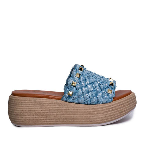 Italian Women Light Blue LEATHER * WICKER Wedges #0678