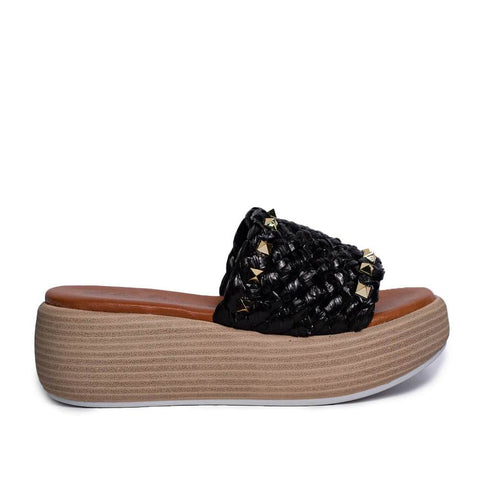 Italian Women Black LEATHER * WICKER Wedges #0680