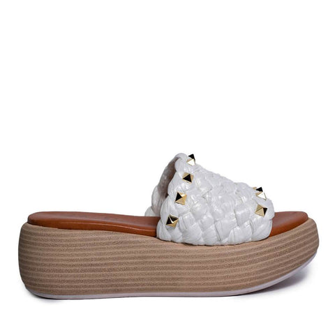 Italian Women White LEATHER * WICKER Wedges #0681