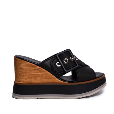 Italian Women Black Leather Wedges #0684