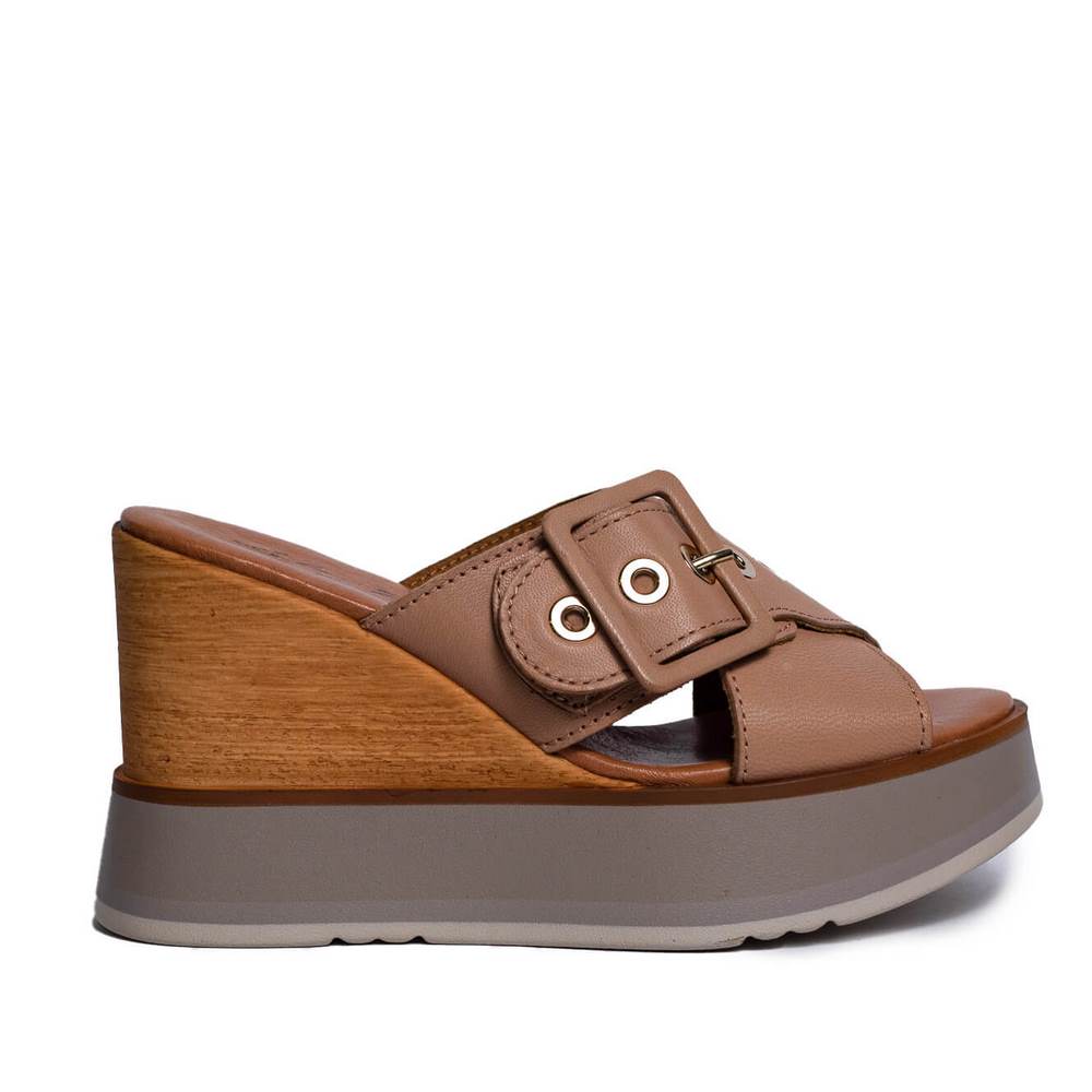 Italian Women Beige Leather Wedges #0685