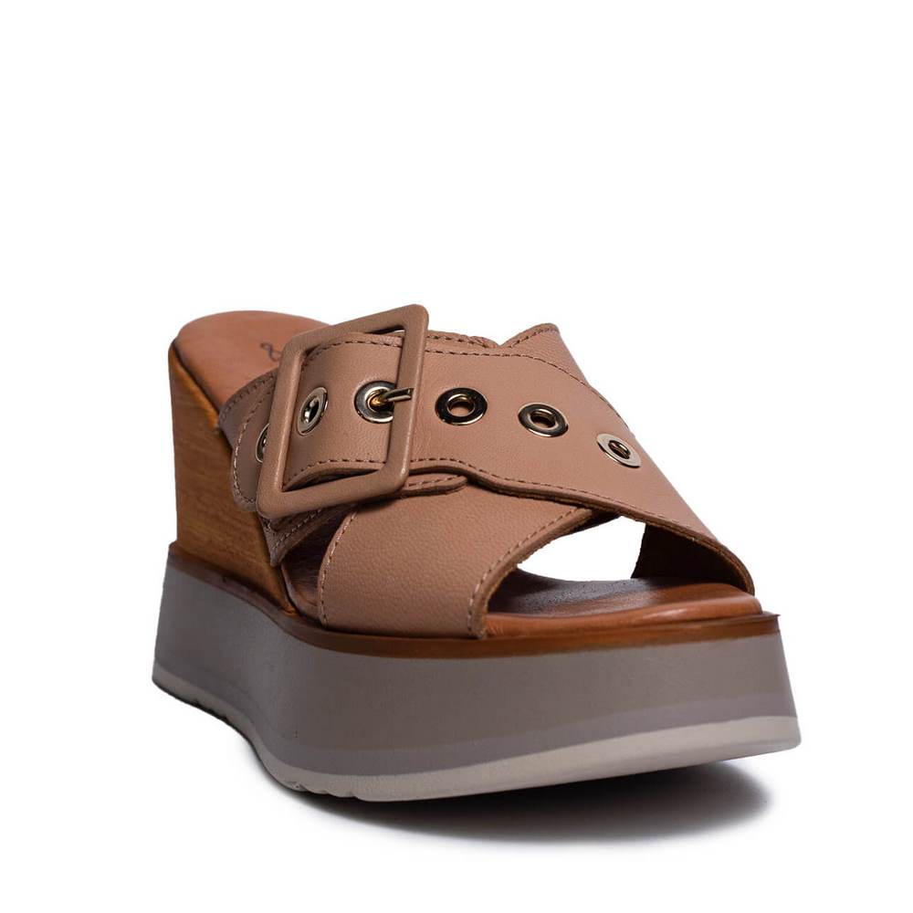 Italian Women Beige Leather Wedges #0685