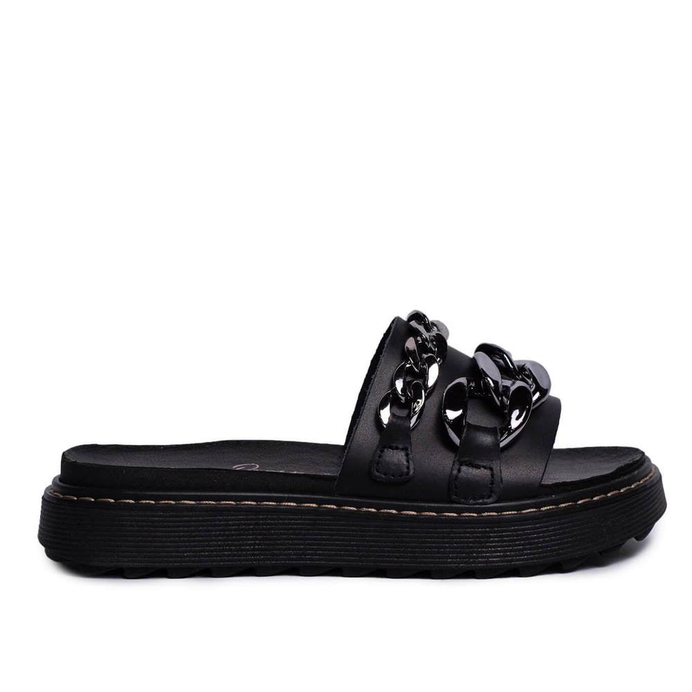 Italian Women Black Leather Slipper #0723