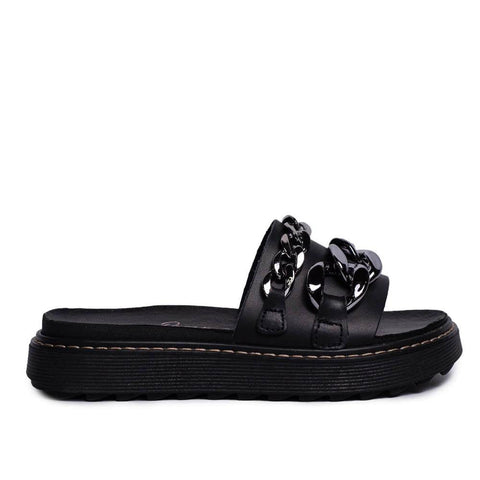 Italian Women Black Leather Slipper #0723