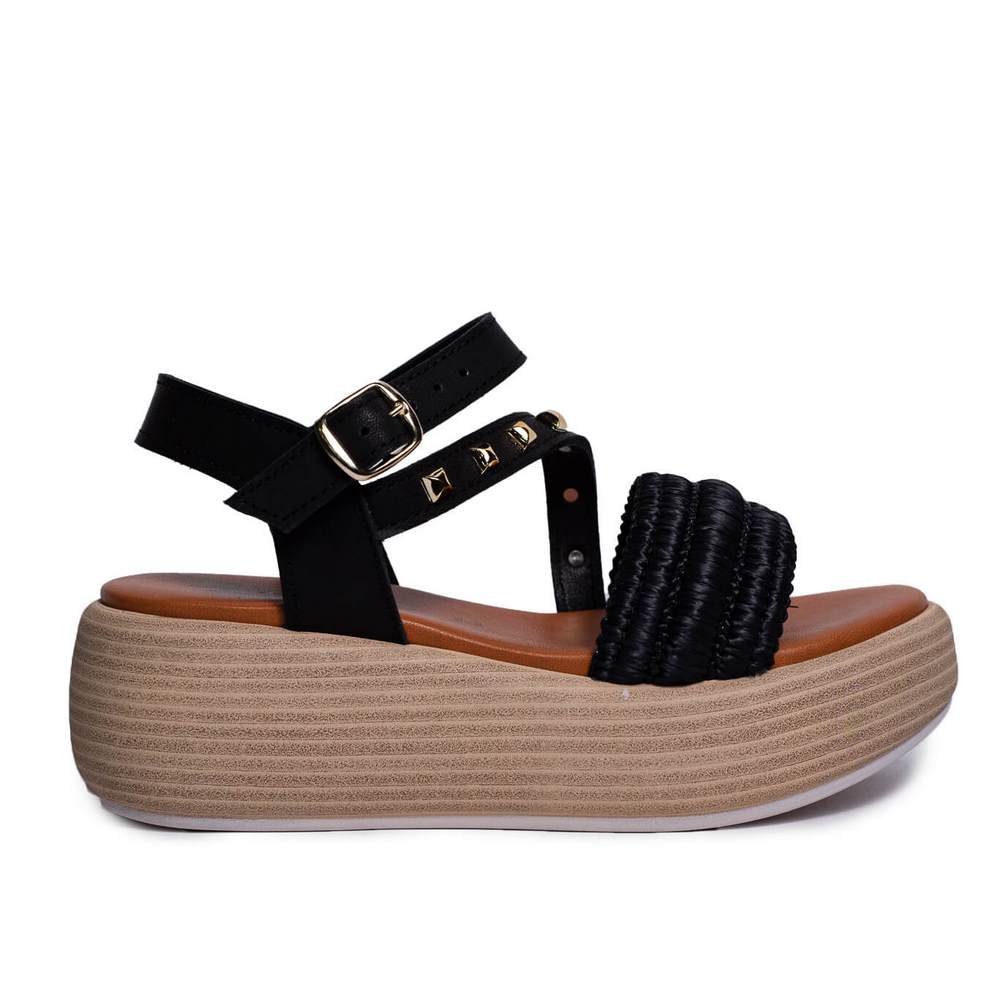 Italian Women Black Leather Sandal #0738