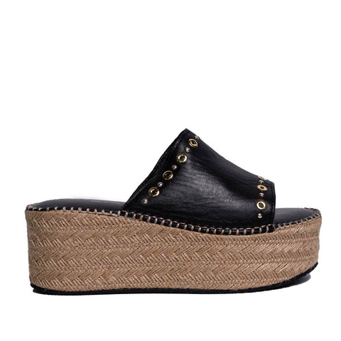 Italian Women Black Leather Wedges #0745