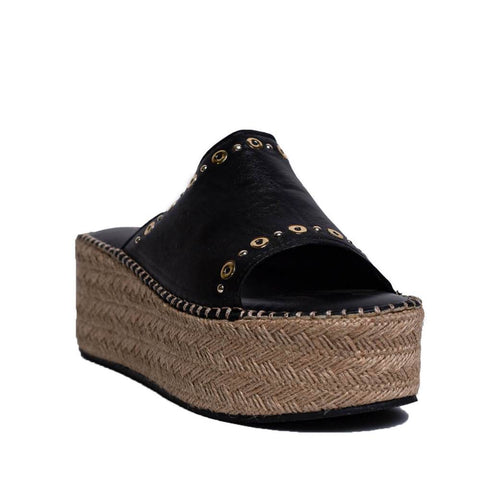 Italian Women Black Leather Wedges #0745