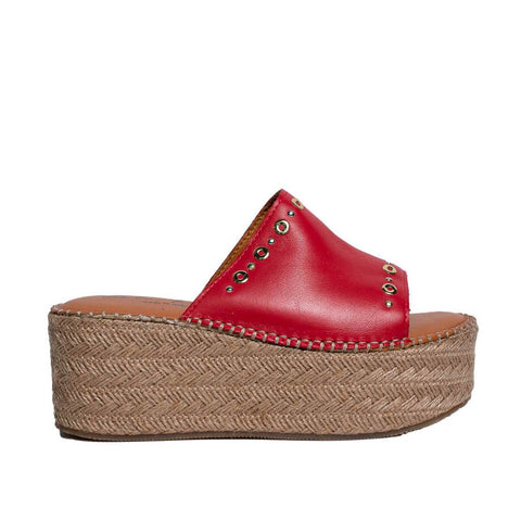 Italian Women Red Leather Wedges #0748