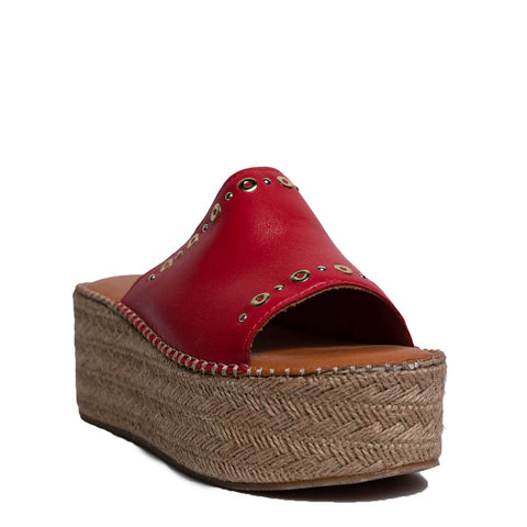 Italian Women Red Leather Wedges #0748