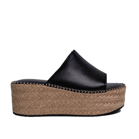 Italian Women Black Leather Wedges #0750