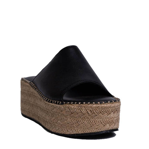 Italian Women Black Leather Wedges #0750