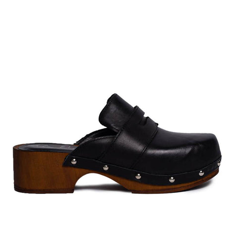 Italian Women Black Leather Wedges #0751