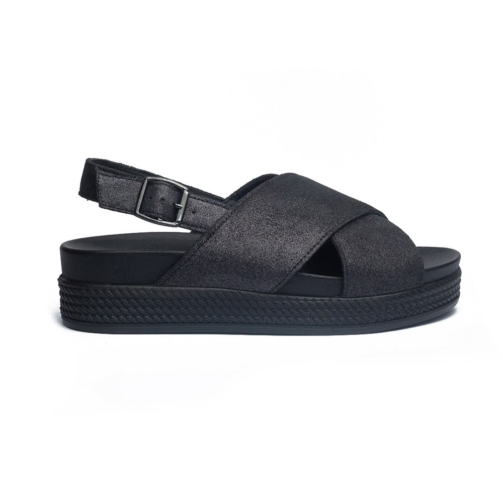 Italian Women Black Leather Sandal #1086