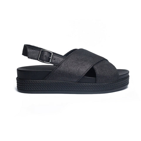 Italian Women Black Leather Sandal #1086