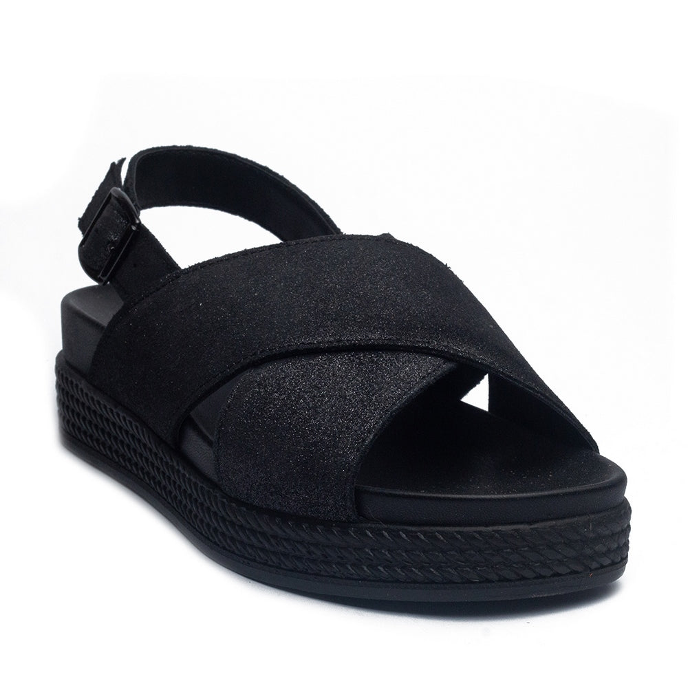Italian Women Black Leather Sandal #1086