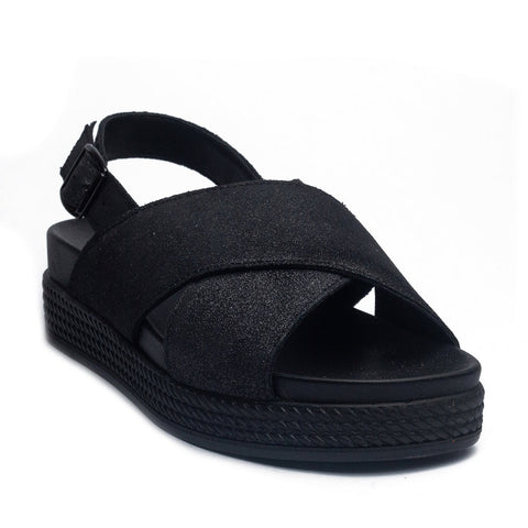 Italian Women Black Leather Sandal #1086