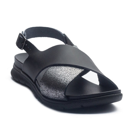 Italian Women Black Leather Sandal #1095