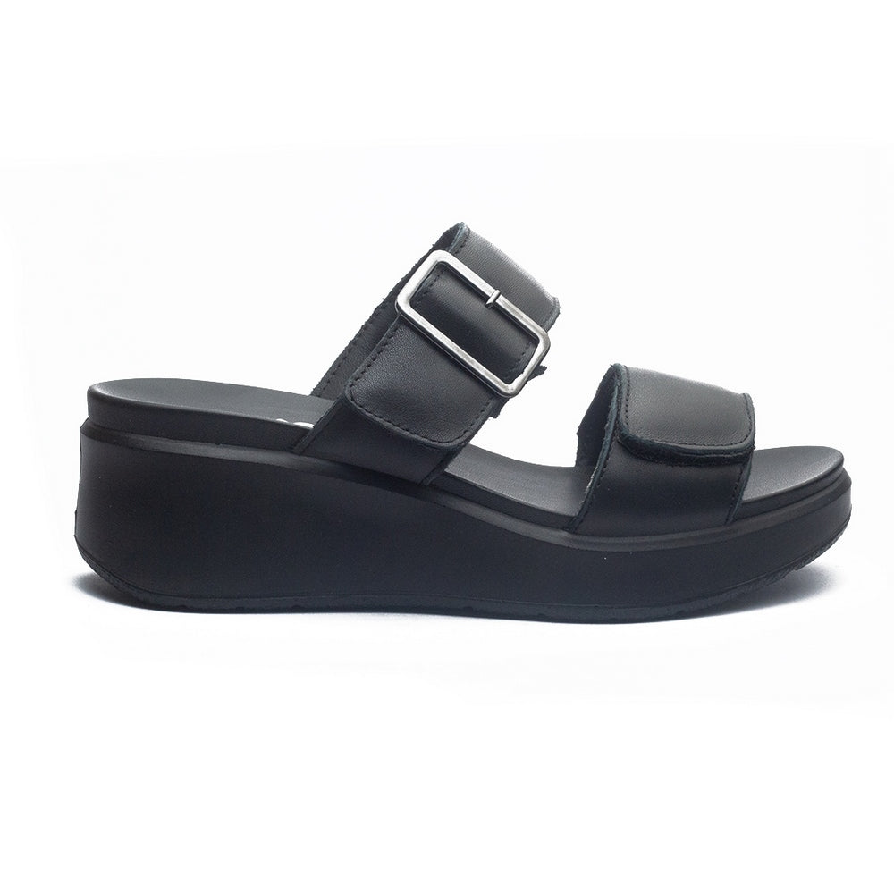 Italian Women Black Leather Wedges #1113