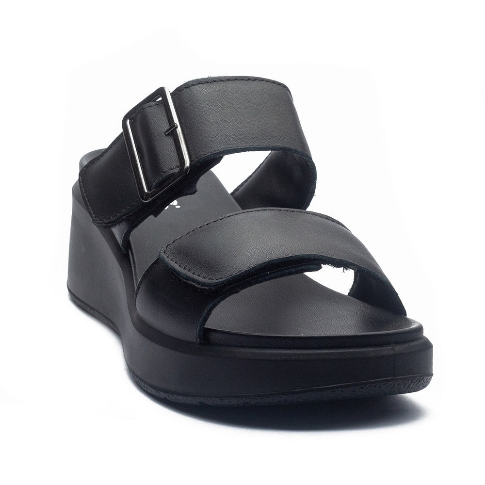 Italian Women Black Leather Wedges #1113