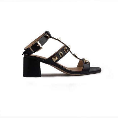 Italian Women Black Leather Sandal #1317