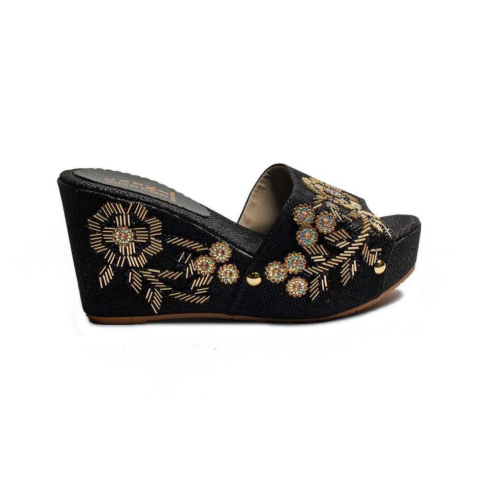 Turkish Women Black Glitter Wedges #1971