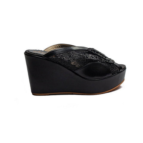 Turkish Women Black Leather Wedges #1975