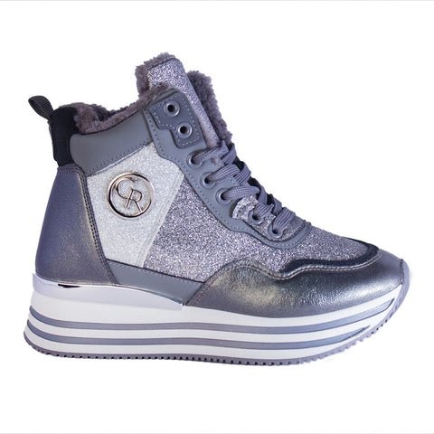 Europeon Union Women Grey Leather * Glitter Half Boot #2307