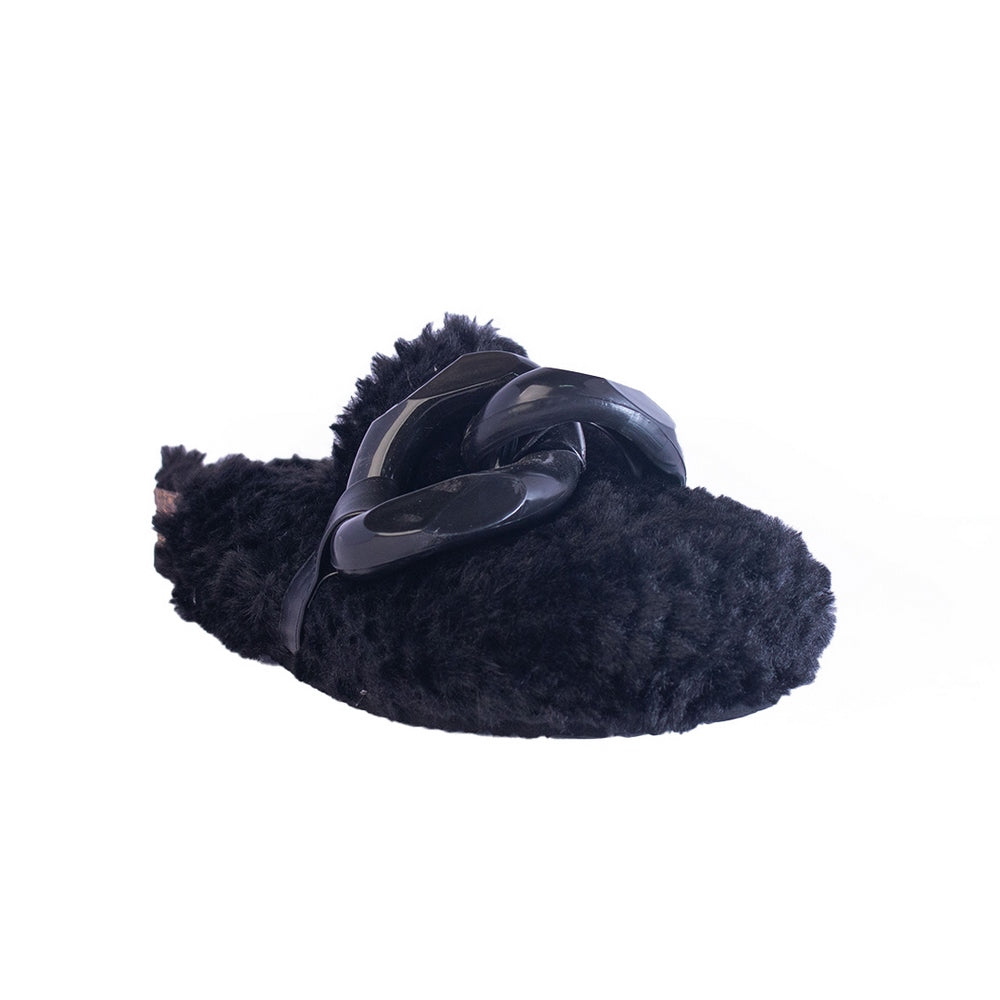 Europeon Union Women Black Fur Slipper #2455