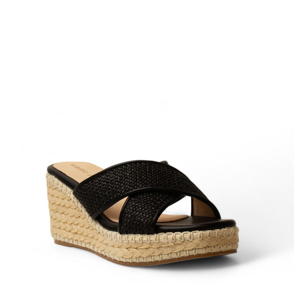 Women Black Wicker Wedges #2973